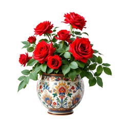 Obraz premium Floral arrangement featuring red roses in a decorative vase against a black background image view
