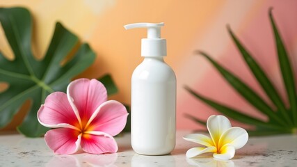 White pump bottle with tropical flowers and leaves on a colorful background. Captures the essence of a spa setting, representing beauty, self-care
