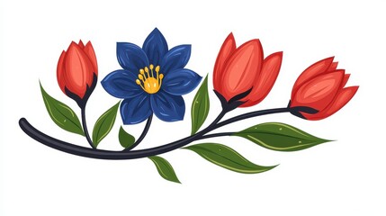 Bright vector illustration of red tulip buds and a blue flower on a curved branch with green leaves, perfect for spring or decor.