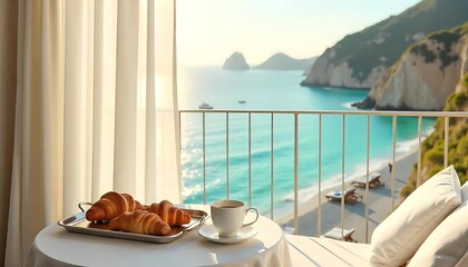 Obraz premium Serene Ocean View Breakfast: Croissants and Coffee on a Balcony Overlooking the Turquoise Sea