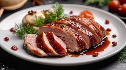 Freshly sliced roast duck served with thin pancakes