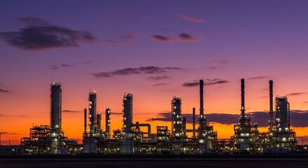 Naklejka premium Dramatic sunset illuminates a sprawling industrial oil refinery complex