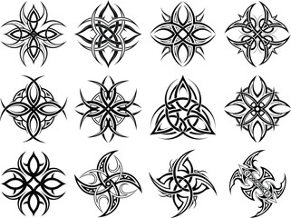 Twelve black and white tribal tattoo designs on a white background
