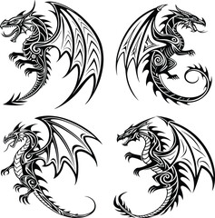 Four dragon illustrations in black and white tribal tattoo style