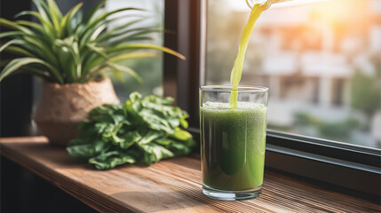 Green Vegetable Juice Being Poured Indoors Near Fresh Spinach and Potted Plant
