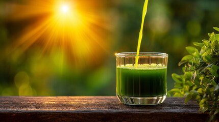 Fresh Green Juice Being Poured into Glass Outdoors with Sunlight and Natural Background
