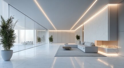 Modern minimalist interior with white walls, floor, and furniture, featuring recessed lighting and indoor plants