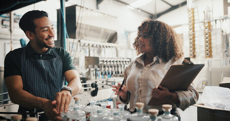Distillery, team and smile with people in factory for packaging, drink production and bottle...