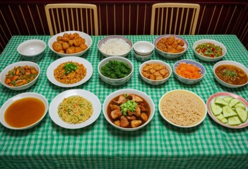 On the table were bowls of food and bowls of soup