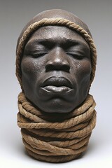 Obraz premium Dark-skinned head, bound with rope. Powerful, contemplative expression