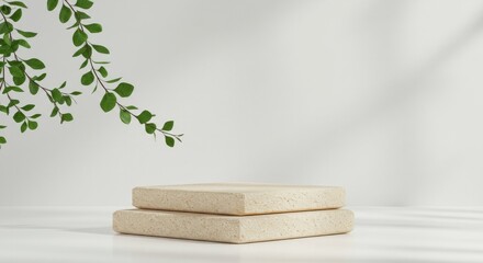 Minimalist backdrop featuring a sandstone platform and foliage against a bright wall