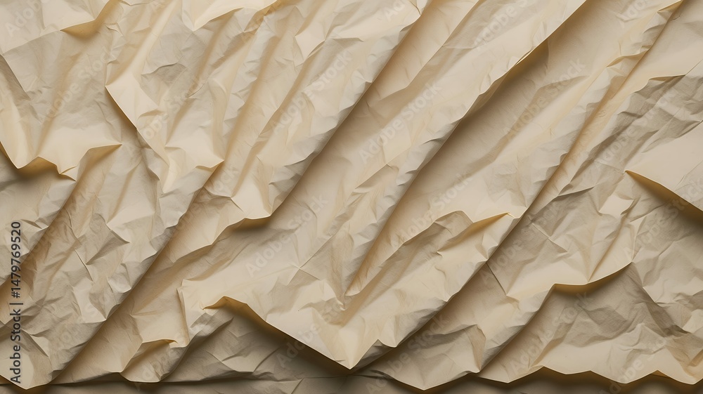 Poster an abstract background shows the texture of crumpled light tan paper with shadows creating depth.