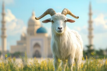 Fototapeta premium White goat stands before a blurred mosque.