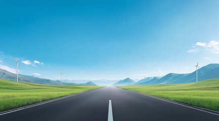Fototapeta premium A straight road leading towards mountains with wind turbines on either side