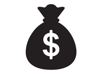 Money Bag logo silhouette vector, money bag logo icon silhouette, money bag icon silhouette vector illustration, black money bag with dollar vector silhouette illustration isolated on white background