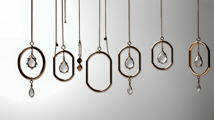Elegant display of geometric gold pendants with clear crystal drops on a soft gray background.
