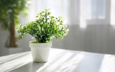 Fototapeta premium A small potted plant on a table with sunlight streaming through the window