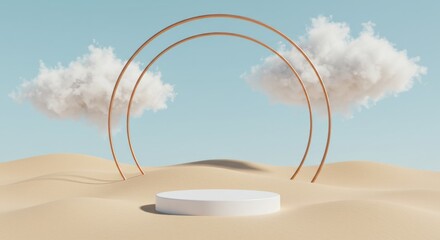 Minimalist sky backdrop with golden arch and product display platform in desert