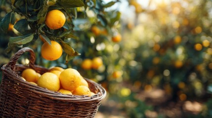 Freshly harvested lemons in a woven basket under the warm afternoon sun in a vibrant orchard