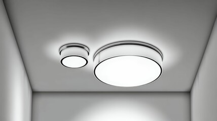 Minimalist interior features two modern, illuminated round ceiling lights in a clean, white space.