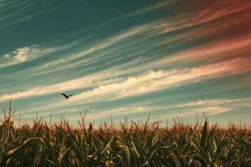 Golden Cornfield with Flying Bird and Dramatic Sky at Sunset