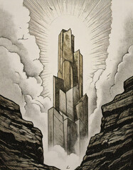 futuristic city, vertical architecture, mountain valley, glowing tower, dramatic landscape, science fiction, isolated structure, surreal environment, towering spire, advanced civilization, wilderness,