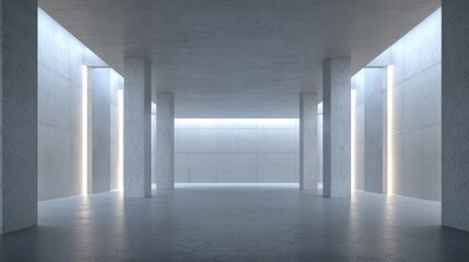 Minimalist interior with concrete columns and glowing light panels, embodying modern simplicity and spacious elegance
