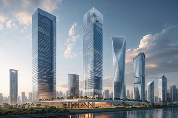 Obraz premium Revolutionary Future Office Towers Highlighting Architectural Innovation and Cutting Edge Skyscraper Designs