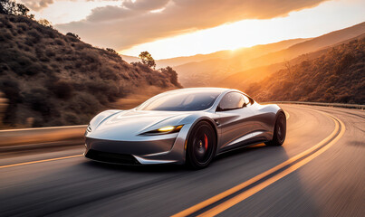 a sleek electric car driving on a futuristic highway with glowing LED lane markers and embedded solar panels, the road illuminated by a soft blue ambient glow, high-tech city skyline in the distance