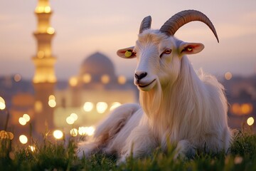 White goat resting in the twilight near illuminated mosque.