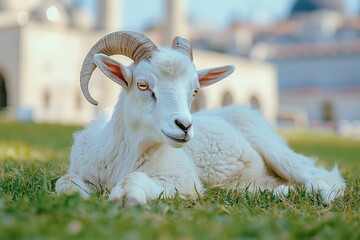 Obraz premium White goat resting on grassy area in a picturesque setting.