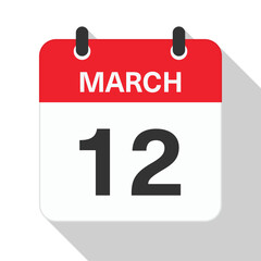 March 12 Daily Calendar. Red Theme on White Background