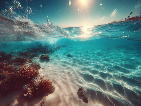 the rippled texture of a shallow sandy seabed with sunlight creating abstract patterns of light and dark.