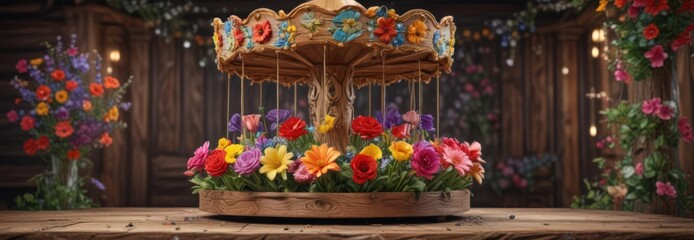 Naklejka premium Whimsical flower carousel, vibrant blooms on rustic wood , blossom, round