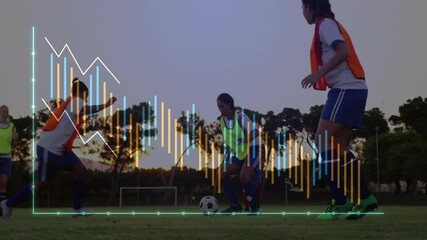 Group soccer players playing scrimmage on grass pitch at dusk, displaying sports analytics charts - Powered by Adobe