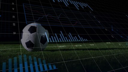 Solitary black-and-white soccer ball resting on green grass pitch, showing digital data overlays - Powered by Adobe