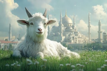 Obraz premium Smiling white goat resting in a grassy field.