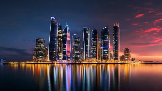 Doha Qatar skyline at sunset reflecting on water, vibrant city lights reflecting off sea