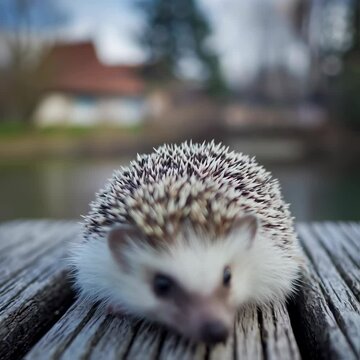 Tiny hedgehog sitting on wooden planks, graphic elements, and text overlay for national pet day. Cute pet for greeting card and promoting responsible pet ownership.