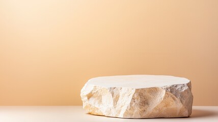 Minimalist stone podium shadows verdant botanical branch casting soft featuring on neutral backdrop, ideal for elegant product staging