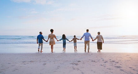 Big family, walk and holding hands with children on beach for summer holiday, travel and bonding. Space, back and parents with kids for ocean journey, tropical vacation and getaway adventure for trip