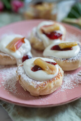 sweet home made pancakes with rhubarb and elderflower