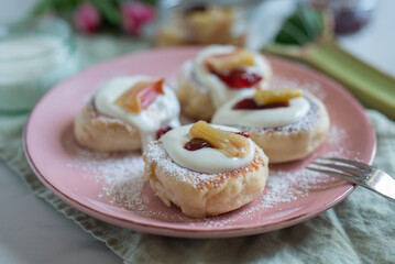 sweet home made pancakes with rhubarb and elderflower