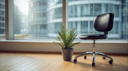 Minimalist office corner with ergonomic chair and plant, conveying modern simplicity and calm productivity.
