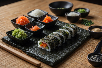 A realistic sushi making setup showing nori with toppings before rolling styled with small bowls sesame and a sharp knife in soft light to bring out food colors