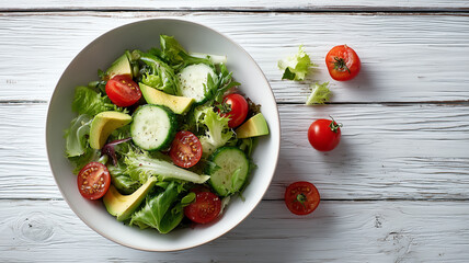 The fresh mixed green salad with cherry tomatoes and avocado