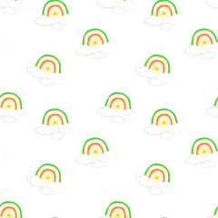 Rainbow with black and white clouds hand drawn in cute childish style. Rainbow in orange, yellow and green colors pattern on white background. Suitable for children's room, covers, banners, wallpapers