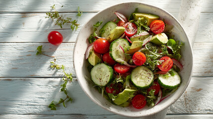 Fresh mixed green salad with cherry tomatoes and cucumbers