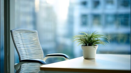 Minimalist office corner with ergonomic chair and plant, conveying modern simplicity and calm productivity.
