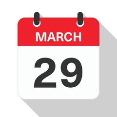 Fototapeta premium March 29 Daily Calendar. Red Theme on White Background